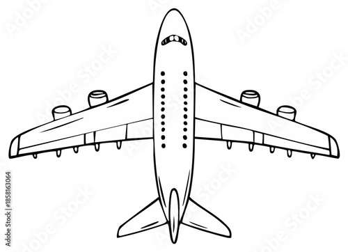 Airplane illustration with wings, landing gear and engines visible. Black and white. Aircraft.