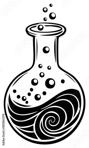 Illustration of a round bottom flask with bubbling liquid, stylized science and chemistry vector for experiments
