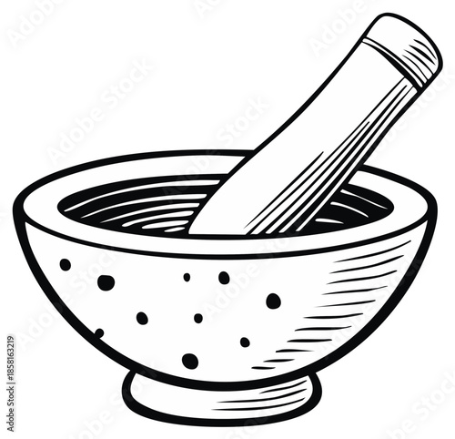 Illustration of a mortar and pestle, cooking and food preparation concept