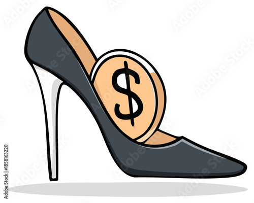 Fashionable high heel shoe with a currency coin, symbolizing wealth, expense, or financial burden of consumerism.