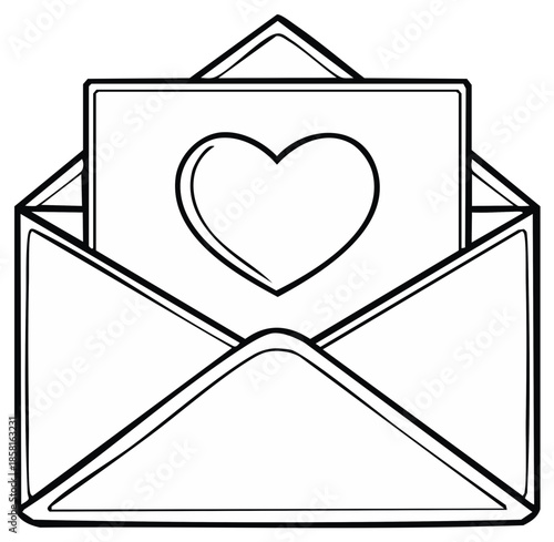 Hand Drawn Open Envelope with Heart Symbol Card Inside Line Art Illustration