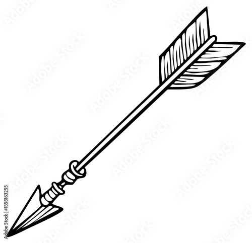 Hand drawn arrow with feathered fletching and pointed arrowhead, simple illustration