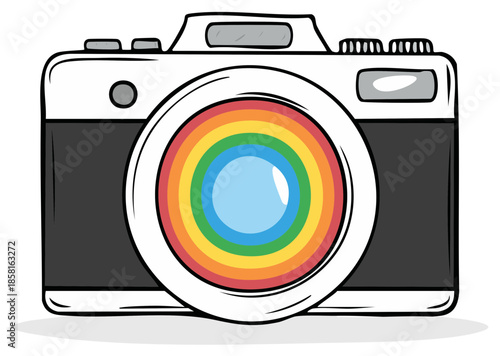 Cartoon camera illustration shows rainbow lens for photography and capturing colorful memories in creative vector design with sketch line art.