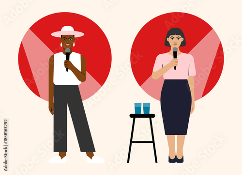 This engaging image captures two diverse female comedians standing confidently on stage with microphones, conveying humor and connection in a lively performance atmosphere.