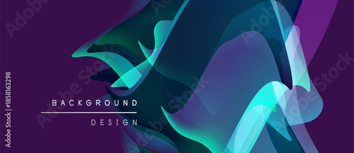 Abstract fluid shapes overlap, creating vibrant gradients. Purple, teal, blue hues dominate design. Modern background texture.