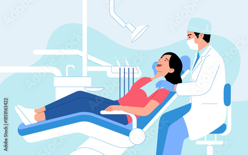 A patient comfortably seated in a dental clinic receives care from a professional dentist, highlighting the importance of dental health and professional care in a modern setting.