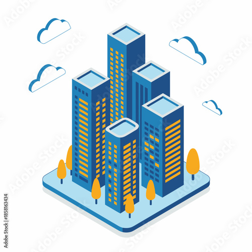 An eye-catching isometric illustration of a cityscape featuring modern skyscrapers and vibrant details, representing urban life, architecture, and innovation.