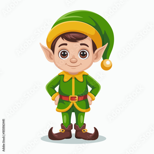 A charming, cheerful little elf character dressed in festive attire, ready to spread Christmas joy and holiday cheer, embodying the spirit of giving and fun-filled celebrations.