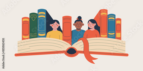 This delightful image features an open book with vibrant colors, symbolizing knowledge, friendship, and the joy of reading, showcasing three friends behind it.
