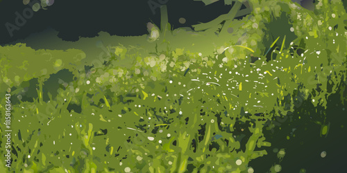 A vibrant close up of lush green grass and small white wildflowers