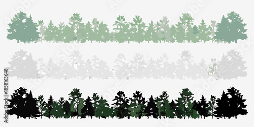 Three rows of stylized evergreen trees in varying shades of green