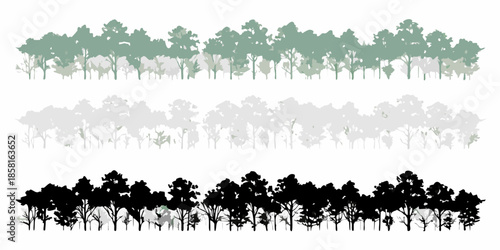 Silhouetted forest layers in varying shades of green and gray