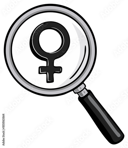 Magnifying glass with a female gender symbol, vector illustration.