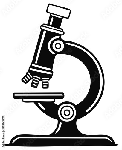 Microscope illustration, black and white, science equipment, scientific instrument for lab analysis and research