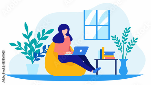 Illustration of a woman sitting on a beanbag chair using a laptop in a room with plants and a window