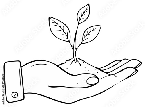 Line Drawing Of Hand Gently Holding Soil With A Young Sprout Growing From It