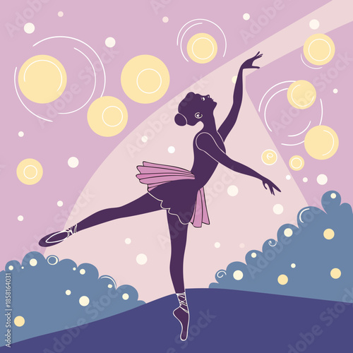 A graceful silhouette of a ballet dancer performing amidst a whimsical and colorful backdrop of circles and clouds