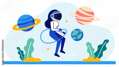 Illustration of an astronaut floating with planets and stars in a whimsical space environment design