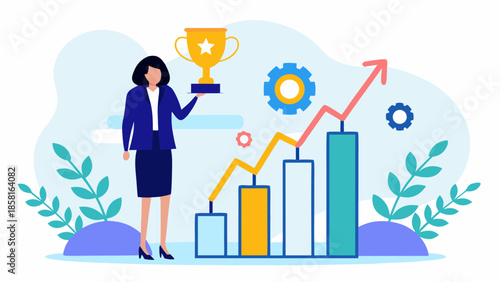 Businesswoman holding a trophy with growth chart and gears in a vector illustration design scene