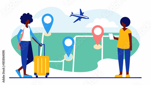 Woman with suitcase and woman with phone on map with airplane and location pins illustration