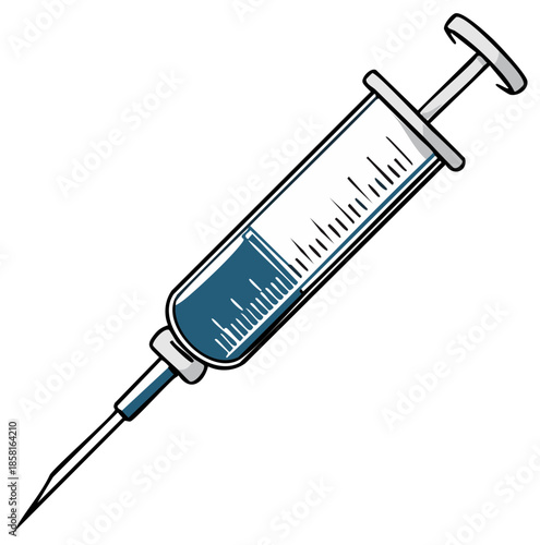 Medical syringe with blue liquid and needle, healthcare symbol
