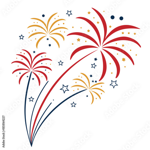 A vibrant and colorful illustration of fireworks displays with red yellow and blue bursts adorned with scattered stars