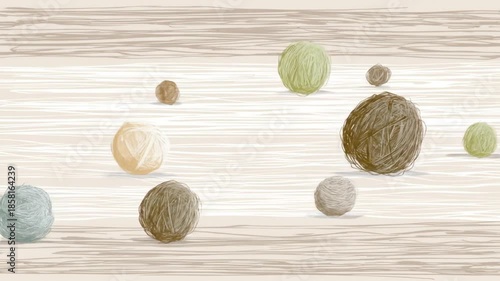 Digitally created scene shows colored yarn balls scattered on a wooden, textured background