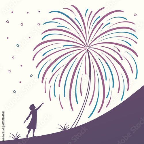 A silhouetted girl gazes upwards in wonder at a vibrant and colorful firework display illuminating the night sky