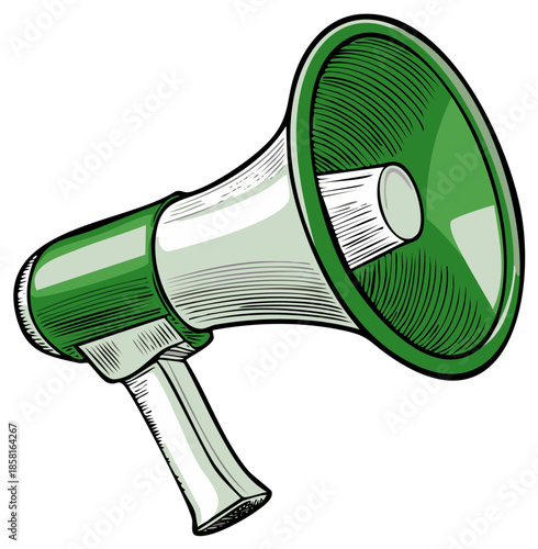 Green megaphone illustration, hand drawn graphic design, communication concept