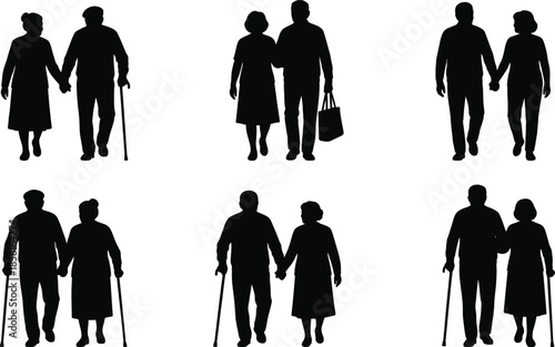 Senior couple silhouettes holding hands walking together, isolated on white background elderly love companionship lifestyle illustration vector collection design concept