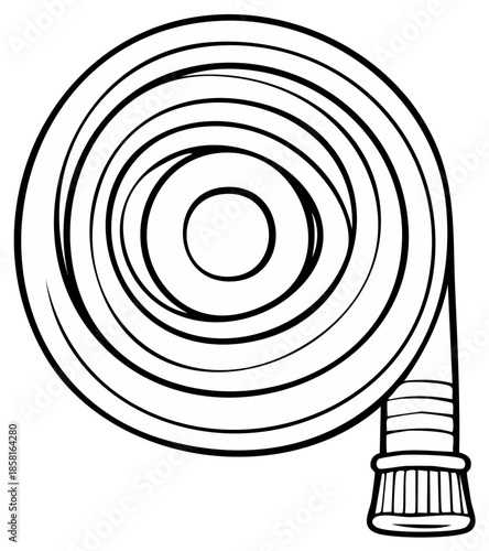 Coiled Fire Hose Line Art Illustration Prepared for Use Black and White Drawing of Extinguishing Equipment