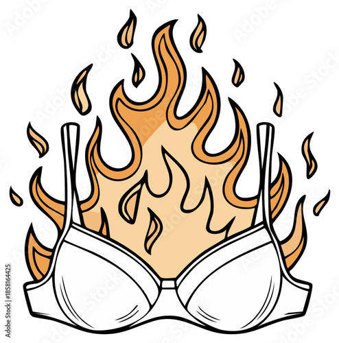 Burning bra line art illustration representing protest against oppression or feminism concept symbol on a transparent background
