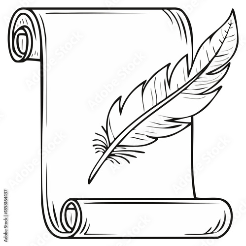 Scroll with feather pen for writing vector illustration old paper blank page writing antique