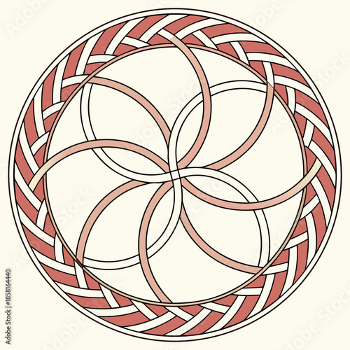 an intricate circular design features woven bands of reddish brown and beige creating a complex and symmetrical pattern within a