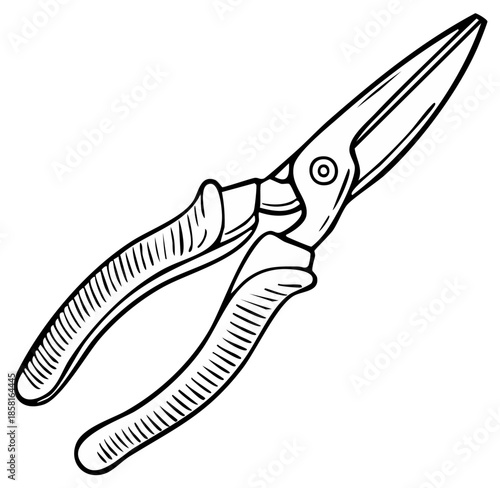 Hand-drawn illustration of garden shears with sharp blades and ribbed handles