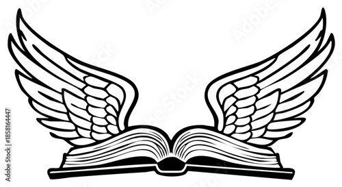Open book with stylized wings illustration promoting education wisdom or freedom in monochrome concept