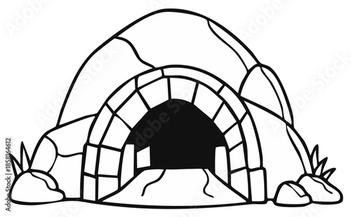 Cartoon cave entrance with stone archway and rocky exterior, simple drawing style
