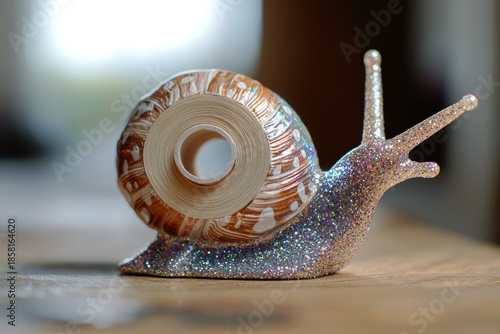 A small snail-shaped tape dispenser with glittery shell