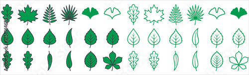 A comprehensive vector collection of green botanical leaf icons featuring diverse species like maple, oak, and ginkgo in both solid and line art styles for environmental and nature-themed designs.