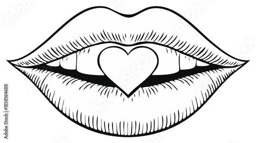 Lips with Heart Shape in Teeth Line Art Drawing Monochrome Vector Illustration Creative Concept Romantic
