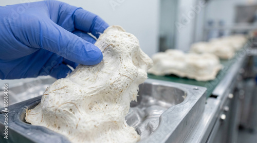 Close up of a hand in blue glove holding sustainable mycelium packaging in a factory production line. Eco-friendly bio-manufacturing and industrial innovation for a sustainable future concept.