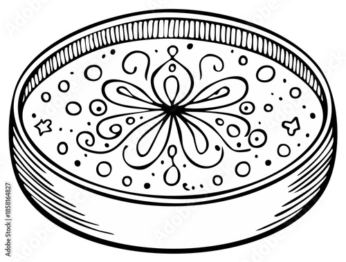 Illustration of a bowl of soup or stew with decorative swirls and patterns, artistic food