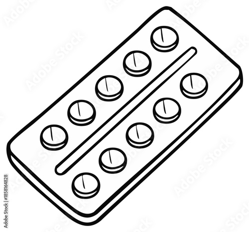 Black and white illustration of a blister pack of tablets, pills, or medication.