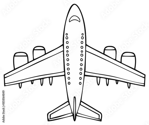 Top Down Black and White Line Art Illustration of a Commercial Jet Airplane