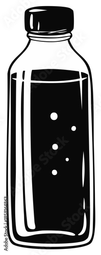 Black and white illustration of a glass bottle filled with dark liquid and bubbles
