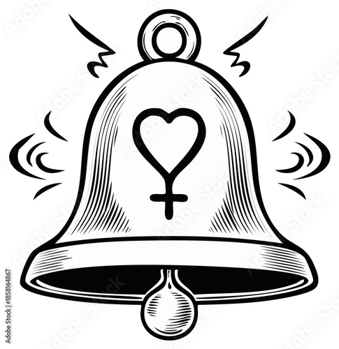 Bell with Female Symbol and Heart Ringing Loudly in a Tattoo Style