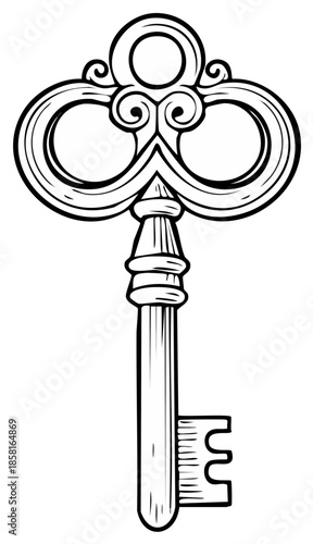 Hand drawn elegant antique key outline illustration security success solution concept