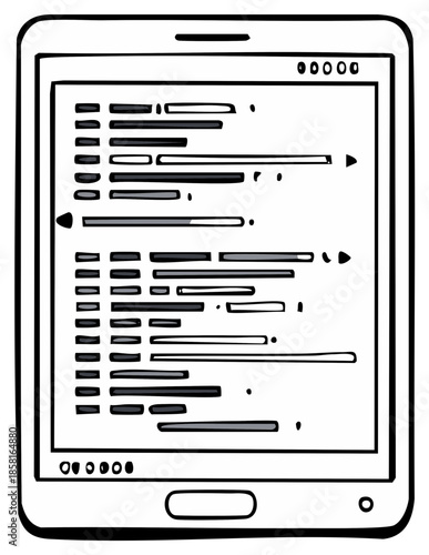 Tablet displaying lines of code, representing software development and app creation in a hand-drawn style