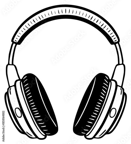 Headphones Illustration: Black and White Stereo Audio Device for Listening