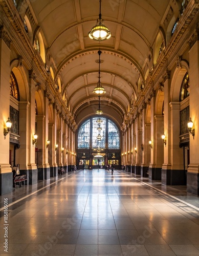Grand Hallway of a Historic Building with Arched Ceilings and Ornate Lighting.